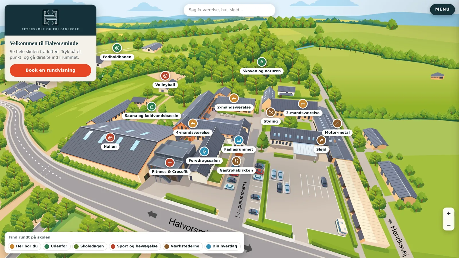 Interaktivt kort over Halvorsminde Efterskole med klikbare steder, bygget i Nextview360-softwaren